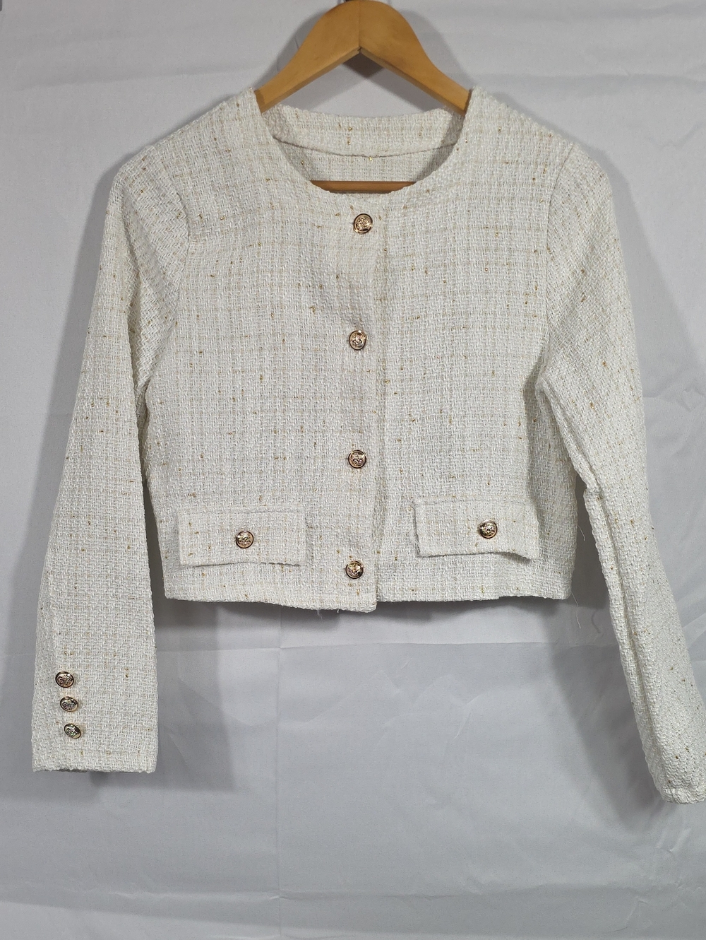 Cropped Ivory Tweed Jacket with Gold Buttons Womens Small (W634)